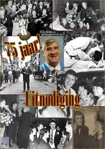 716504 Uitnodiging voor de kleine tentoonstelling ‘Anton Geesink 75 jaar’, met een zandsculptuur van de ‘gouden ...